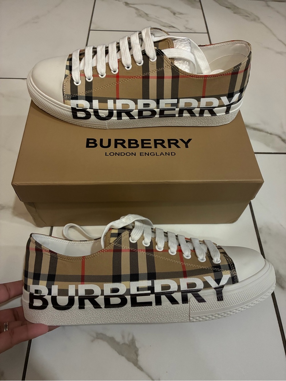 Burberry Beige Vintage Check Low-Top Sneakers with White Accents